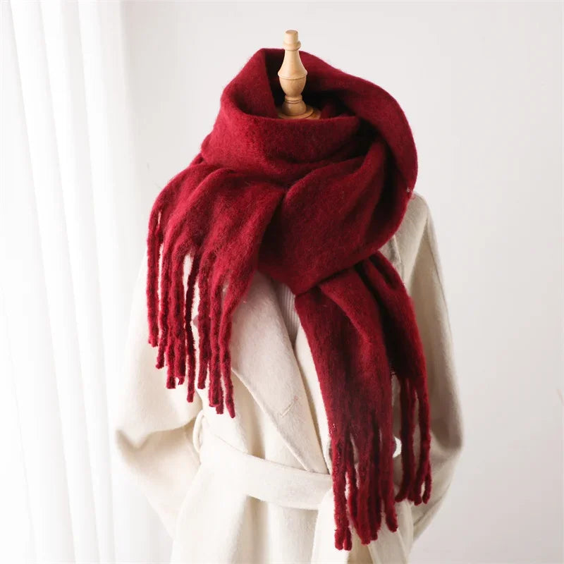 Damen Dicker Winterschal – Weicher Langer Schal, Einfarbige Stola mit Quasten & Poncho-Stil