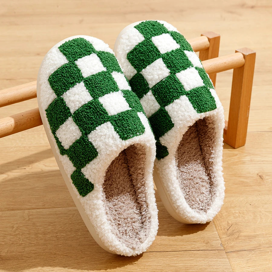 Modische Retro Karierte Winter Hausschuhe für Damen & Herren – Warme Plüsch Slipper Rutschfest Weiche Sohle für Schlafzimmer & Zuhause