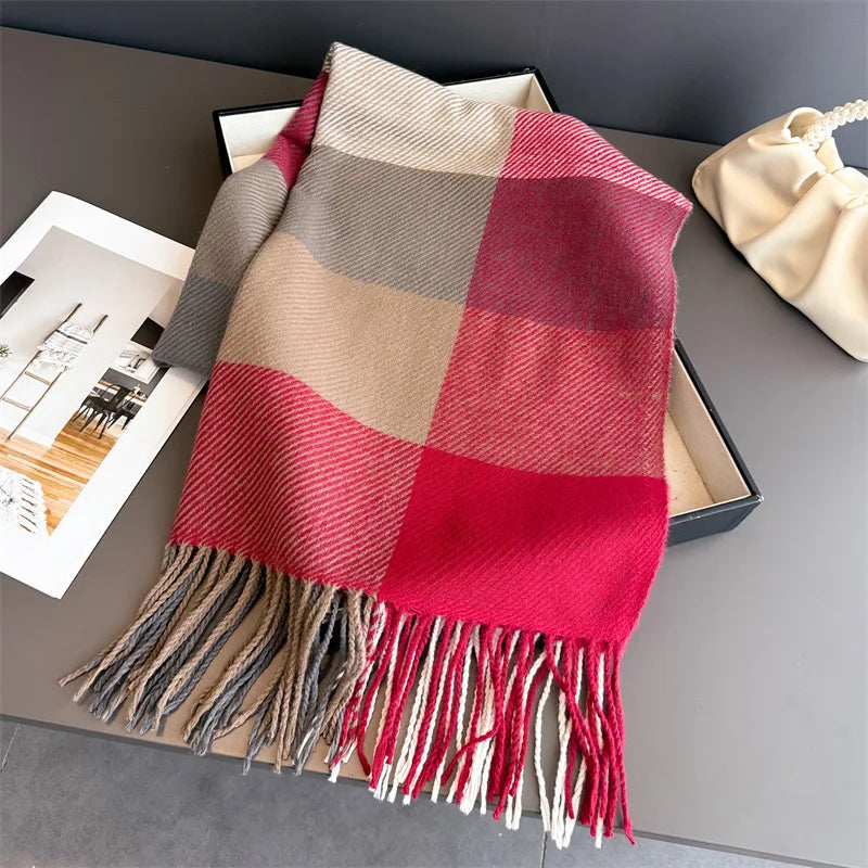Damen Britischer Karoschal für Herbst & Winter – Warmer Retro-Winterschal mit Fransen, Großes Kariertes Schultertuch