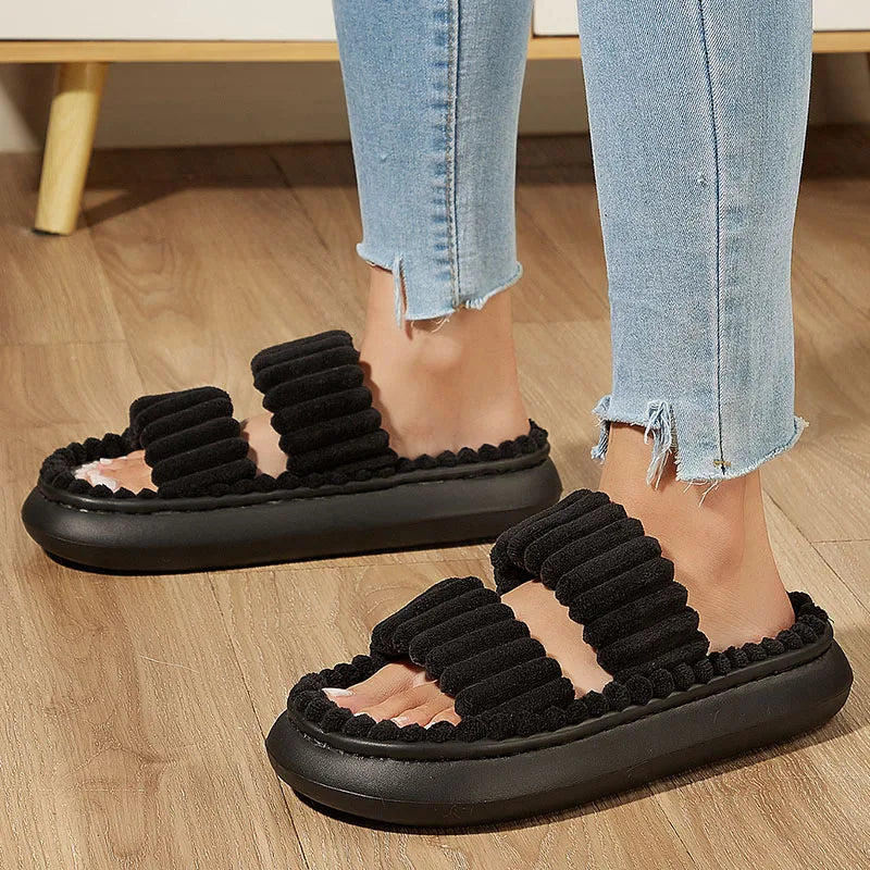 Modische Hausschuhe für Damen & Herren – Flauschige Slip-On Plateau Slipper Weich Rutschfest mit Memory Foam für Innenbereich