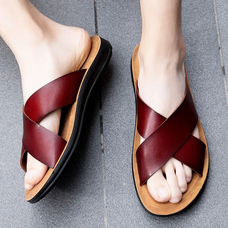 Italienische Leder Slip On Sommer Hausschuhe für Herren Leichte Strand Hotel Flip Flops