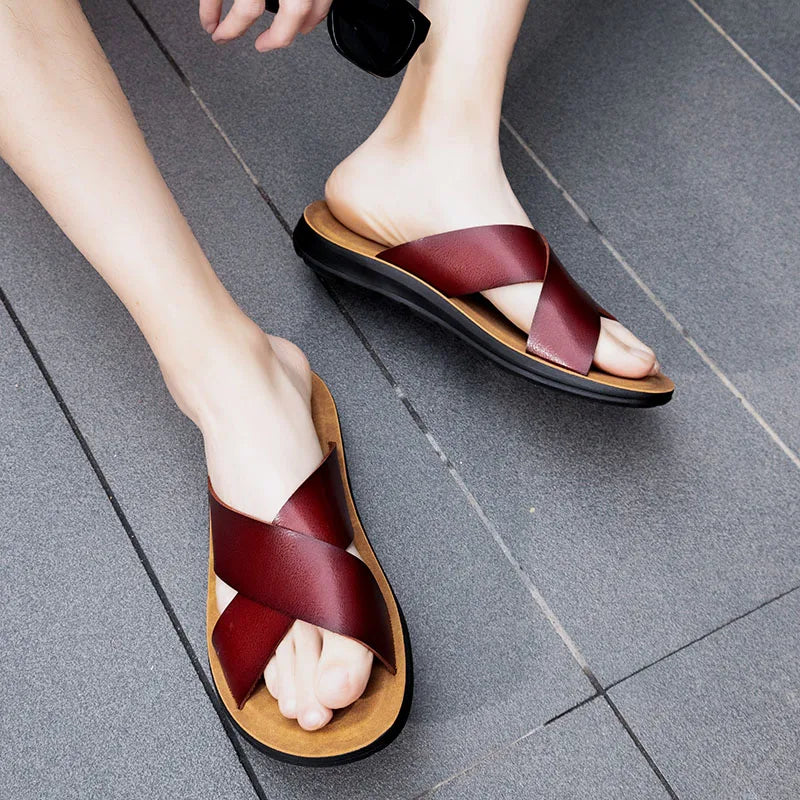 Italienische Leder Slip On Sommer Hausschuhe für Herren Leichte Strand Hotel Flip Flops