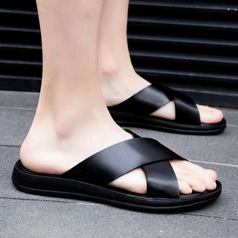 Italienische Leder Slip On Sommer Hausschuhe für Herren Leichte Strand Hotel Flip Flops