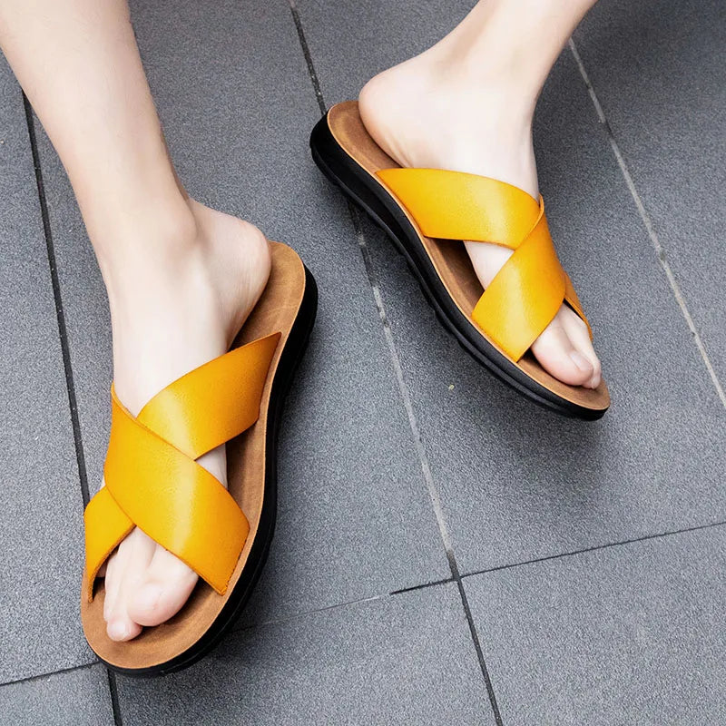 Italienische Leder Slip On Sommer Hausschuhe für Herren Leichte Strand Hotel Flip Flops