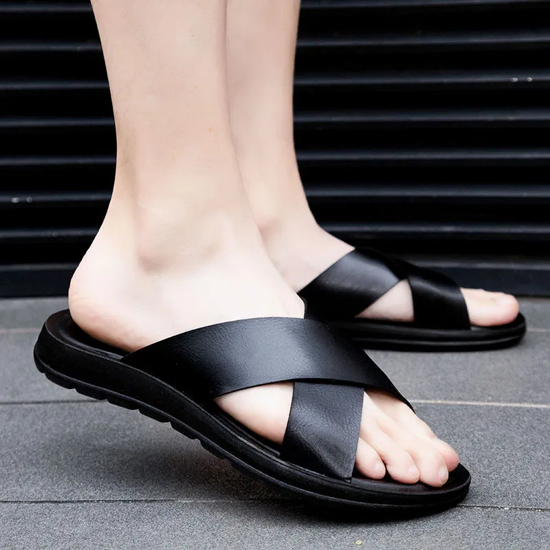 Italienische Leder Slip On Sommer Hausschuhe für Herren Leichte Strand Hotel Flip Flops