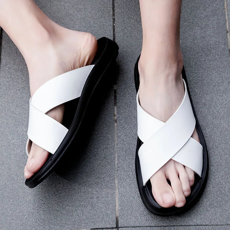Italienische Leder Slip On Sommer Hausschuhe für Herren Leichte Strand Hotel Flip Flops