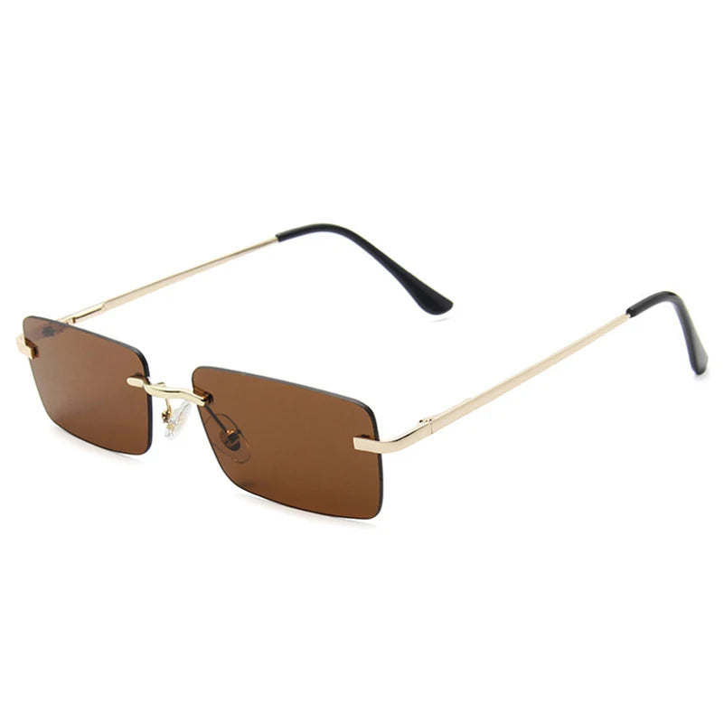 Luxuriöse Kleine Randlose Rechteck-Sonnenbrille – Braune Vintage-Sonnenbrille im Designer-Stil für Damen & Herren
