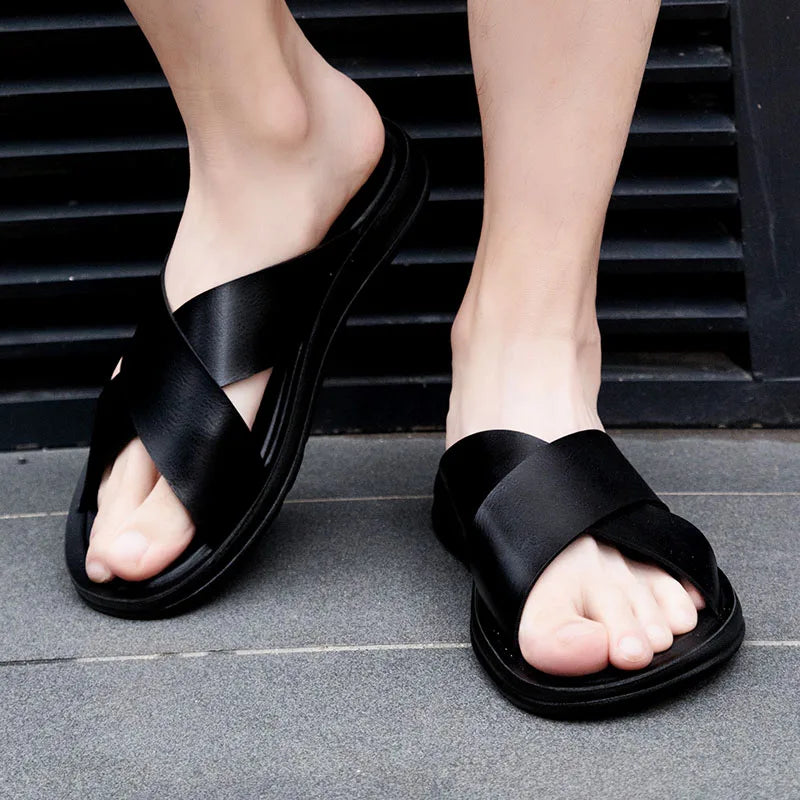 Italienische Leder Slip On Sommer Hausschuhe für Herren Leichte Strand Hotel Flip Flops