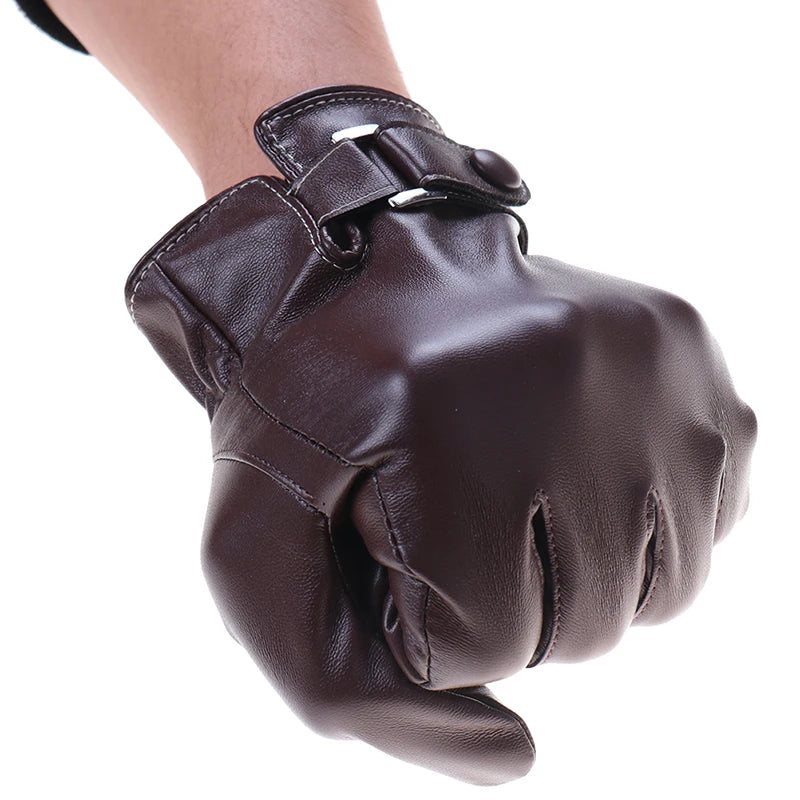 Herren Kunstleder-Winterhandschuhe – Braune Wasserdichte Touchscreen-Autohandschuhe, Dünn & Warm