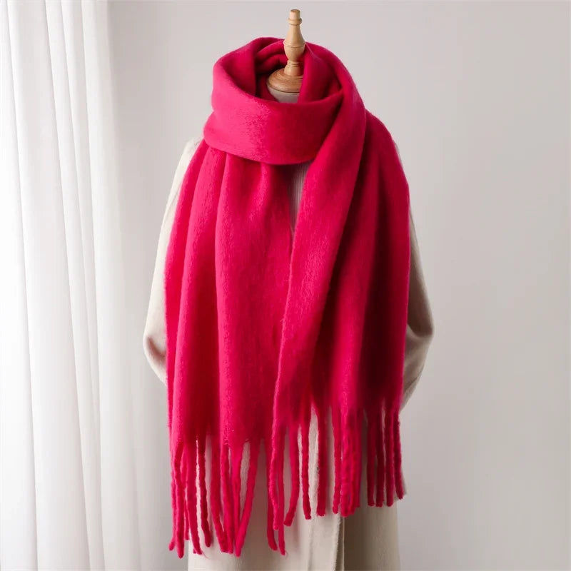 Damen Dicker Winterschal – Weicher Langer Schal, Einfarbige Stola mit Quasten & Poncho-Stil
