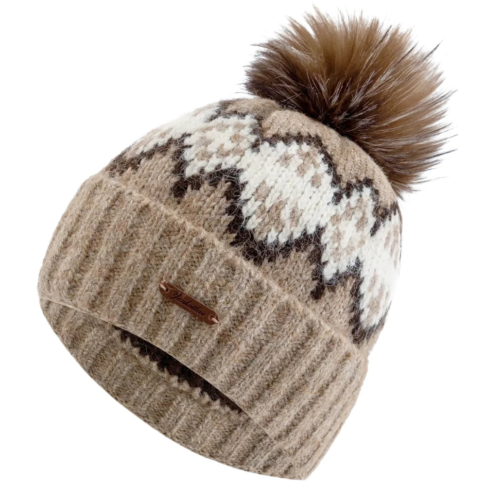 Damen Fair-Isle Jacquard Winter-Strickmütze – Lockere Beanie mit Kunstfell-Bommeln