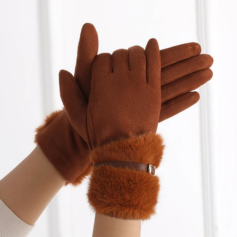 Damen Warme Fleecegefütterte Winterhandschuhe – Winddichte Touchscreen-Handschuhe mit Plüsch-Dekoration für Autofahren & Radfahren