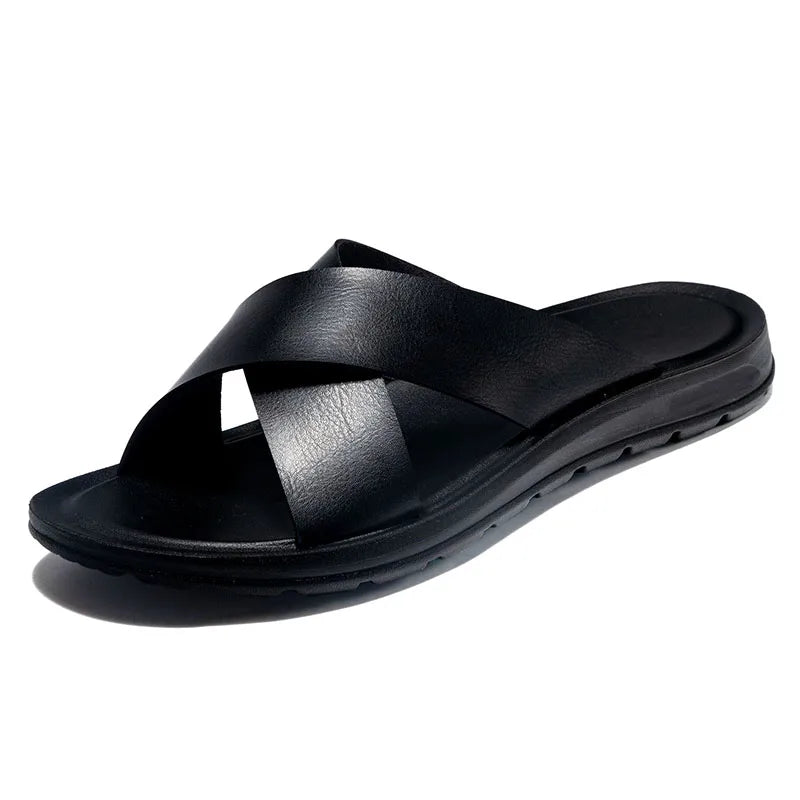 Italienische Leder Slip On Sommer Hausschuhe für Herren Leichte Strand Hotel Flip Flops