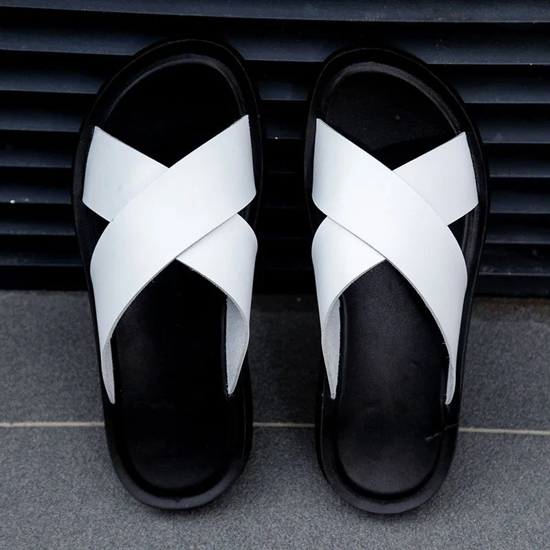 Italienische Leder Slip On Sommer Hausschuhe für Herren Leichte Strand Hotel Flip Flops