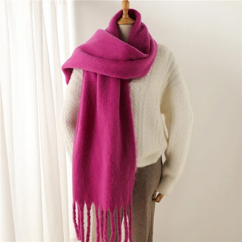 Damen Dicker Winterschal – Weicher Langer Schal, Einfarbige Stola mit Quasten & Poncho-Stil