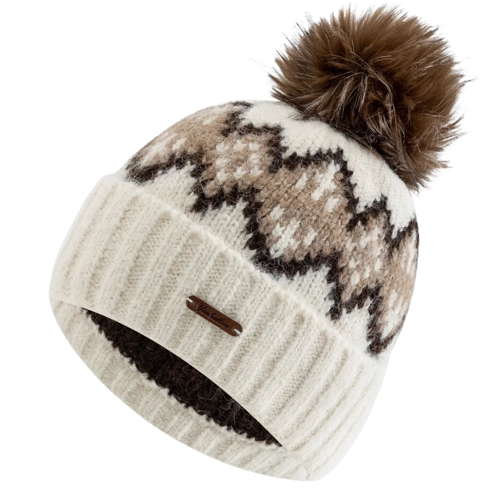 Damen Fair-Isle Jacquard Winter-Strickmütze – Lockere Beanie mit Kunstfell-Bommeln