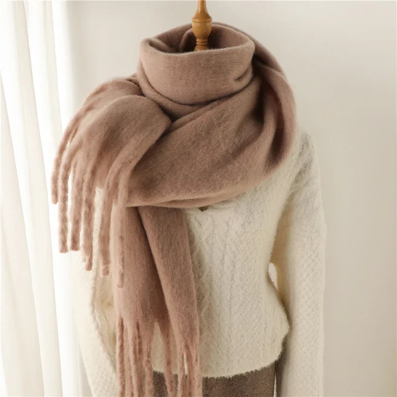 Damen Dicker Winterschal – Weicher Langer Schal, Einfarbige Stola mit Quasten & Poncho-Stil
