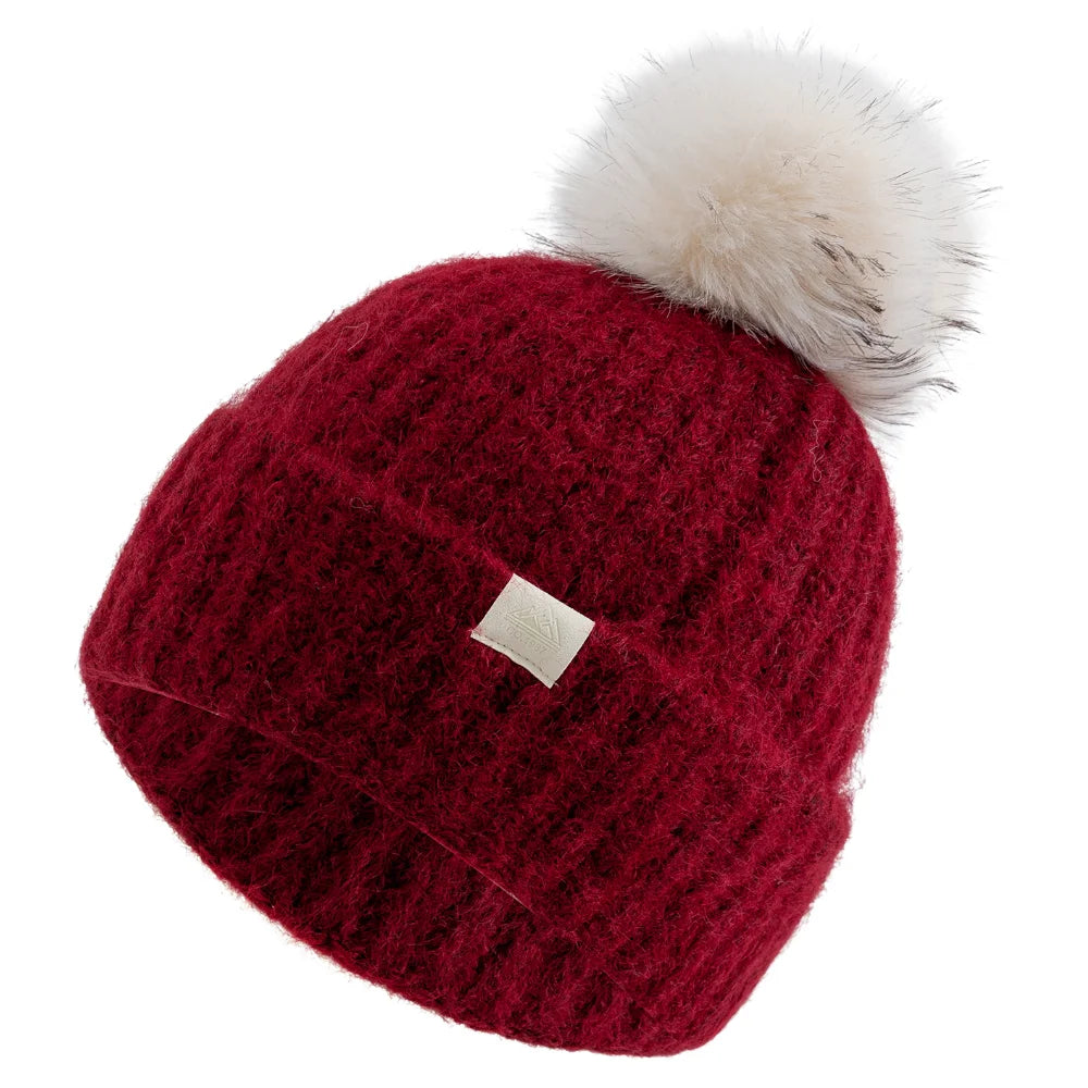 Damen Winter-Beanie mit Zopfmuster – Weiche Warme Strickmütze mit Lockerer Passform & Kunstfell-Bommel