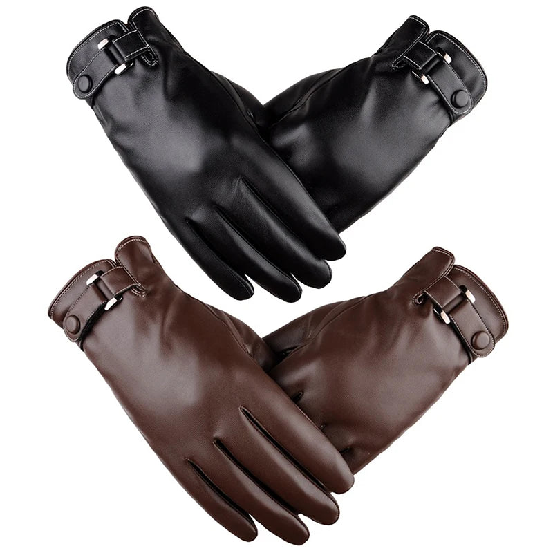 Herren Kunstleder-Winterhandschuhe – Braune Wasserdichte Touchscreen-Autohandschuhe, Dünn & Warm