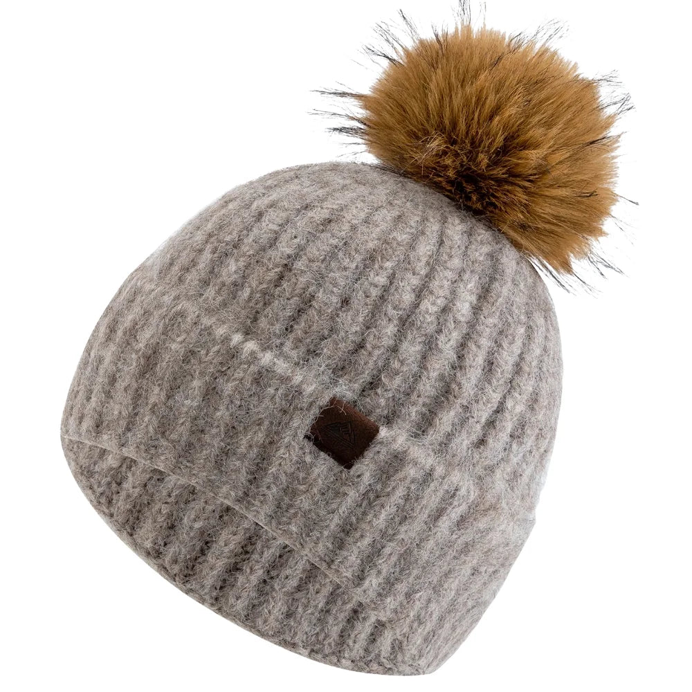 Damen Winter-Beanie mit Zopfmuster – Weiche Warme Strickmütze mit Lockerer Passform & Kunstfell-Bommel