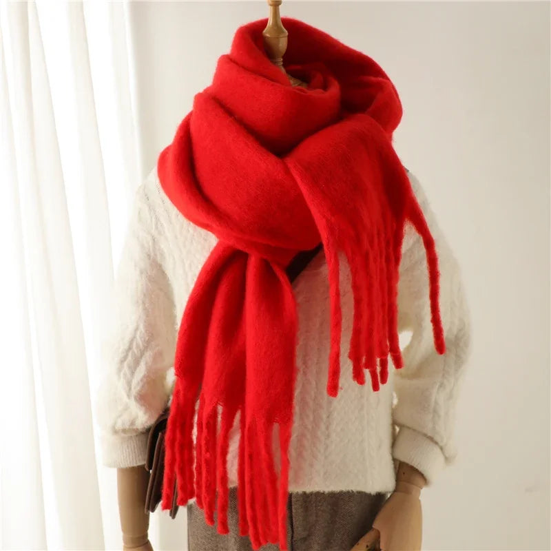Damen Dicker Winterschal – Weicher Langer Schal, Einfarbige Stola mit Quasten & Poncho-Stil