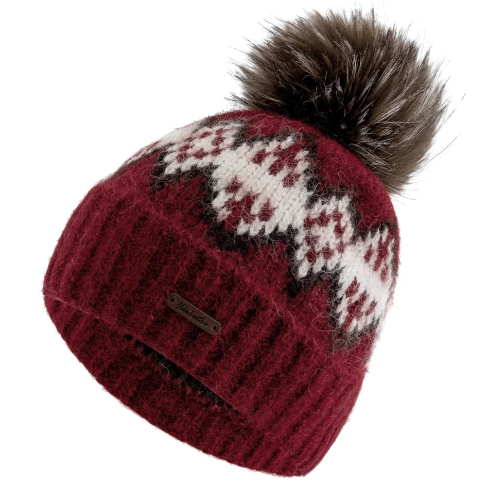 Damen Fair-Isle Jacquard Winter-Strickmütze – Lockere Beanie mit Kunstfell-Bommeln