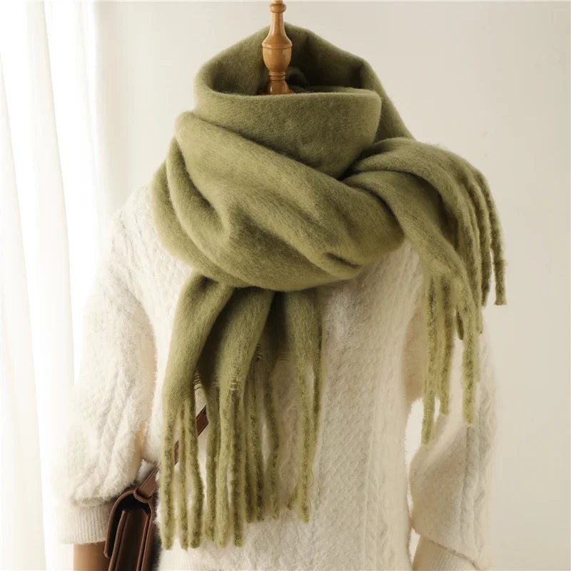 Damen Dicker Winterschal – Weicher Langer Schal, Einfarbige Stola mit Quasten & Poncho-Stil