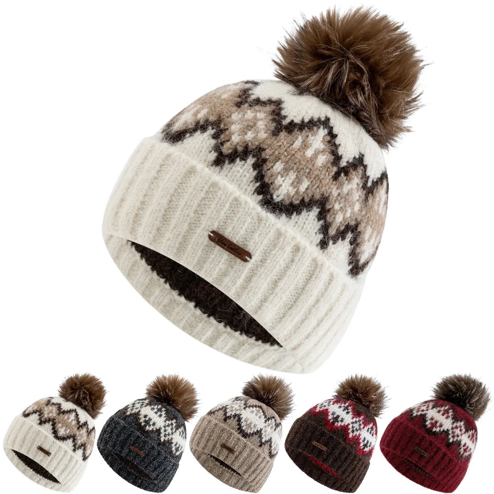 Damen Fair-Isle Jacquard Winter-Strickmütze – Lockere Beanie mit Kunstfell-Bommeln