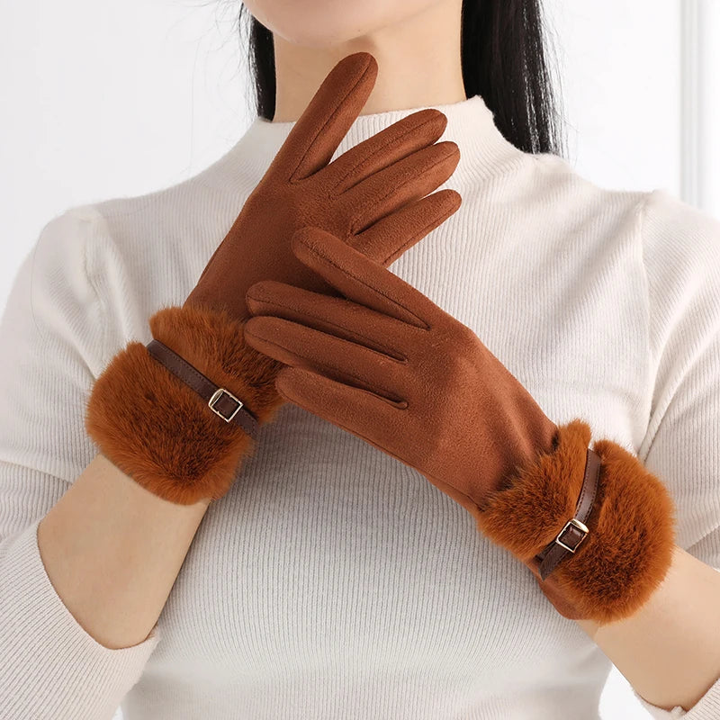 Damen Warme Fleecegefütterte Winterhandschuhe – Winddichte Touchscreen-Handschuhe mit Plüsch-Dekoration für Autofahren & Radfahren