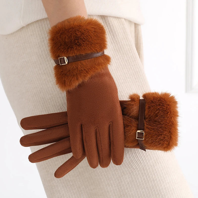 Damen Warme Fleecegefütterte Winterhandschuhe – Winddichte Touchscreen-Handschuhe mit Plüsch-Dekoration für Autofahren & Radfahren