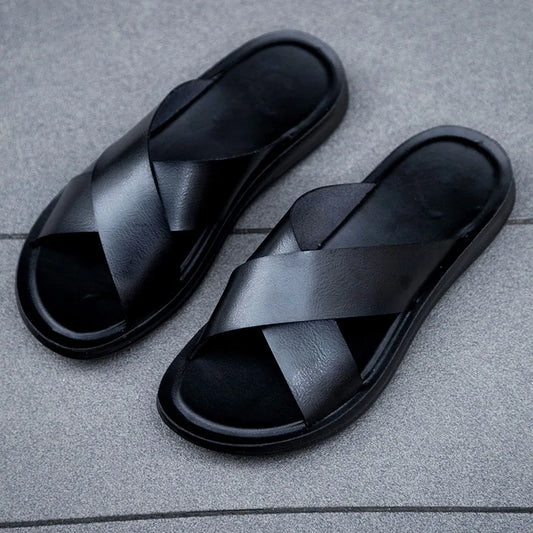 Italienische Leder Slip On Sommer Hausschuhe für Herren Leichte Strand Hotel Flip Flops