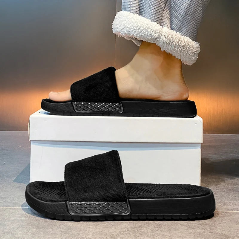 Winter Warme Herren Plüsch Hausschuhe mit Weichem Fellfutter Komfort Indoor Slides für Zuhause