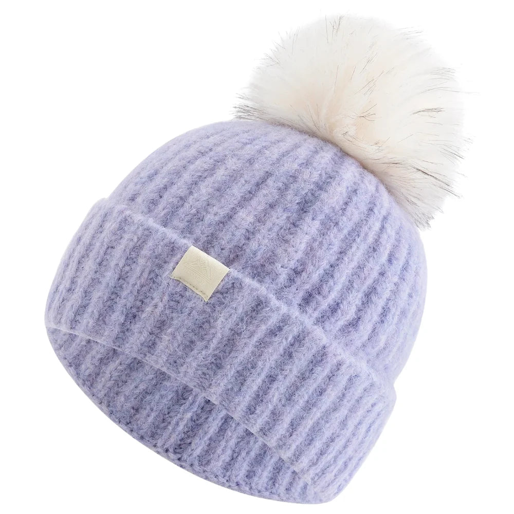 Damen Winter-Beanie mit Zopfmuster – Weiche Warme Strickmütze mit Lockerer Passform & Kunstfell-Bommel