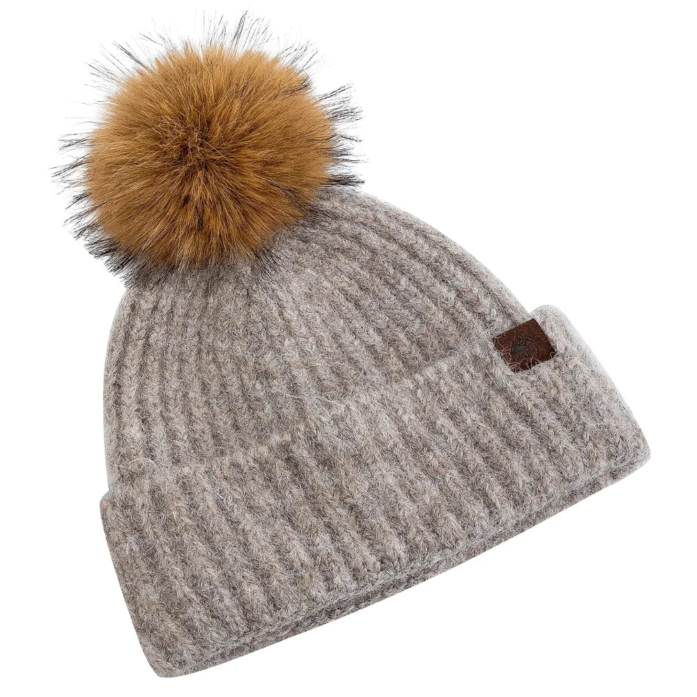 Damen Winter-Beanie mit Zopfmuster – Weiche Warme Strickmütze mit Lockerer Passform & Kunstfell-Bommel