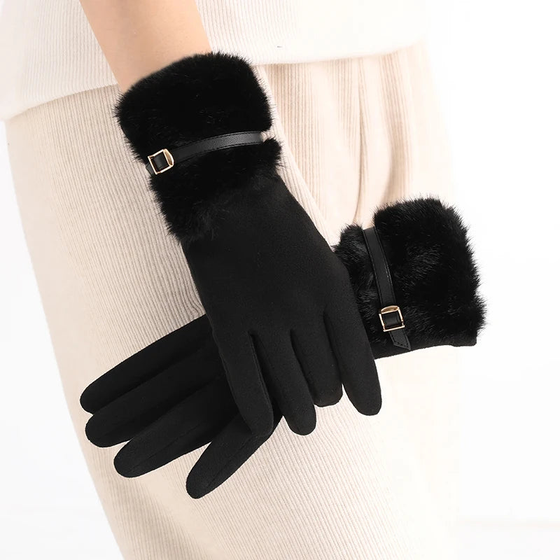 Damen Warme Fleecegefütterte Winterhandschuhe – Winddichte Touchscreen-Handschuhe mit Plüsch-Dekoration für Autofahren & Radfahren