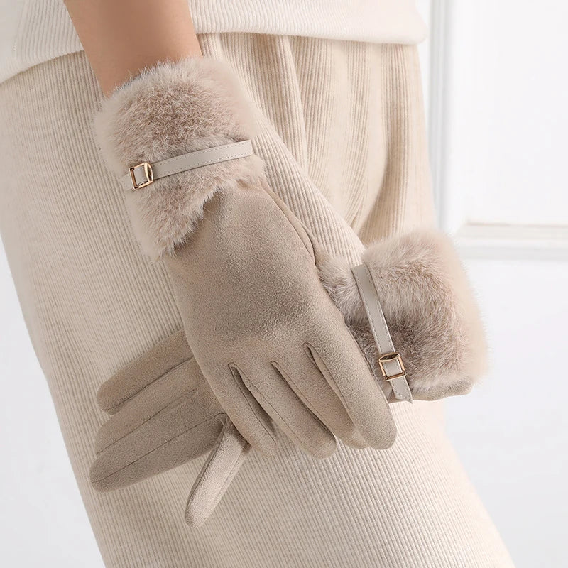 Damen Warme Fleecegefütterte Winterhandschuhe – Winddichte Touchscreen-Handschuhe mit Plüsch-Dekoration für Autofahren & Radfahren