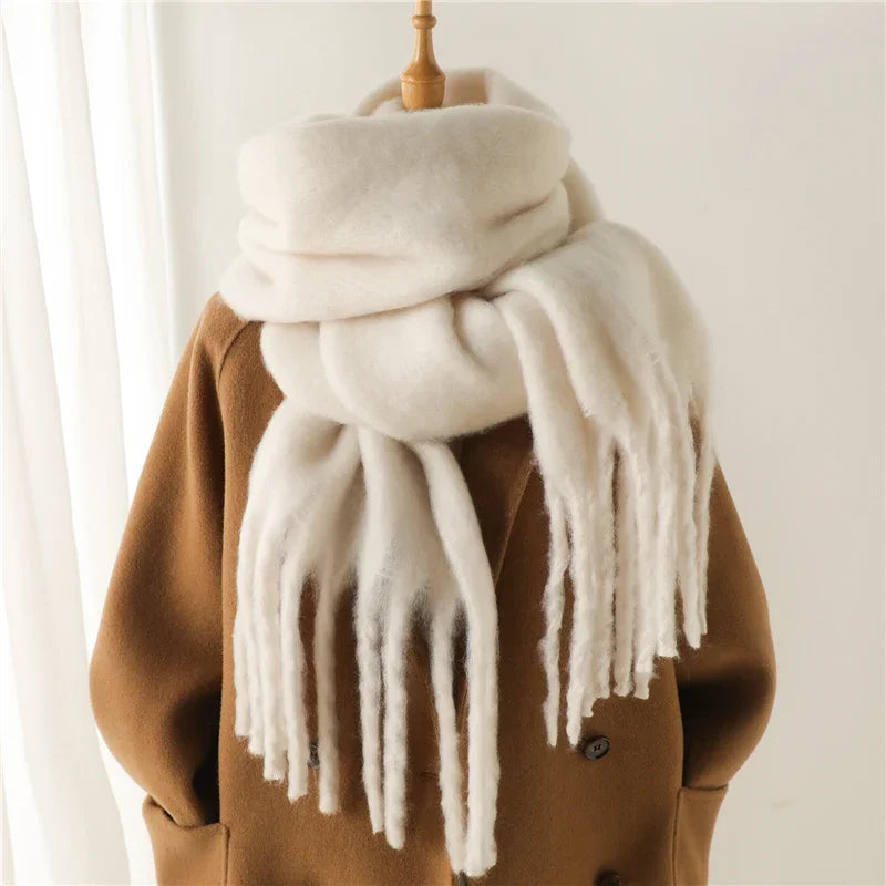 Damen Dicker Winterschal – Weicher Langer Schal, Einfarbige Stola mit Quasten & Poncho-Stil