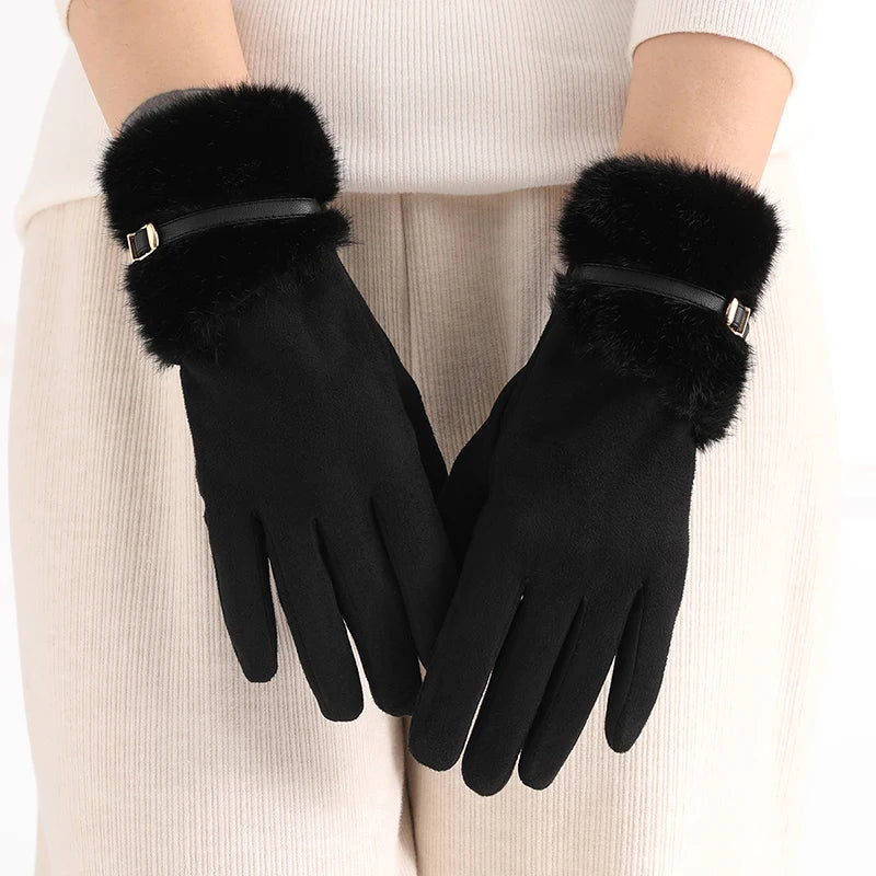 Damen Warme Fleecegefütterte Winterhandschuhe – Winddichte Touchscreen-Handschuhe mit Plüsch-Dekoration für Autofahren & Radfahren