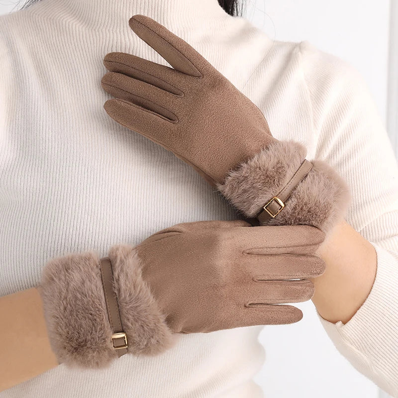 Damen Warme Fleecegefütterte Winterhandschuhe – Winddichte Touchscreen-Handschuhe mit Plüsch-Dekoration für Autofahren & Radfahren