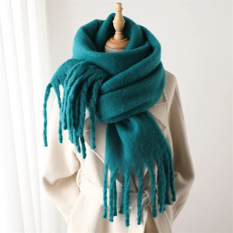 Damen Dicker Winterschal – Weicher Langer Schal, Einfarbige Stola mit Quasten & Poncho-Stil