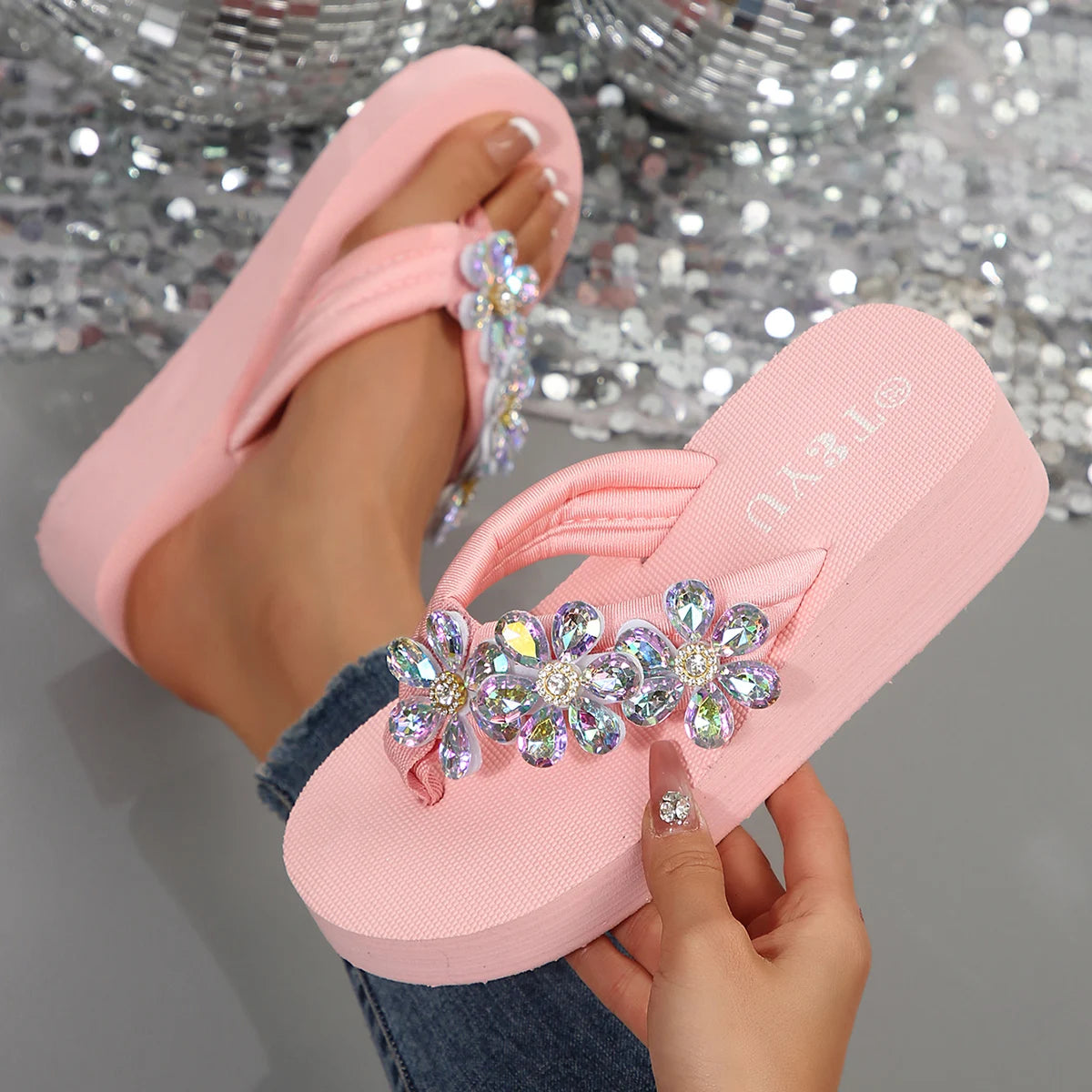 Rosa Kristall Blumen Wedge Flip Flop Sandalen für Damen Fashion Plattform Strand EVA Hausschuhe