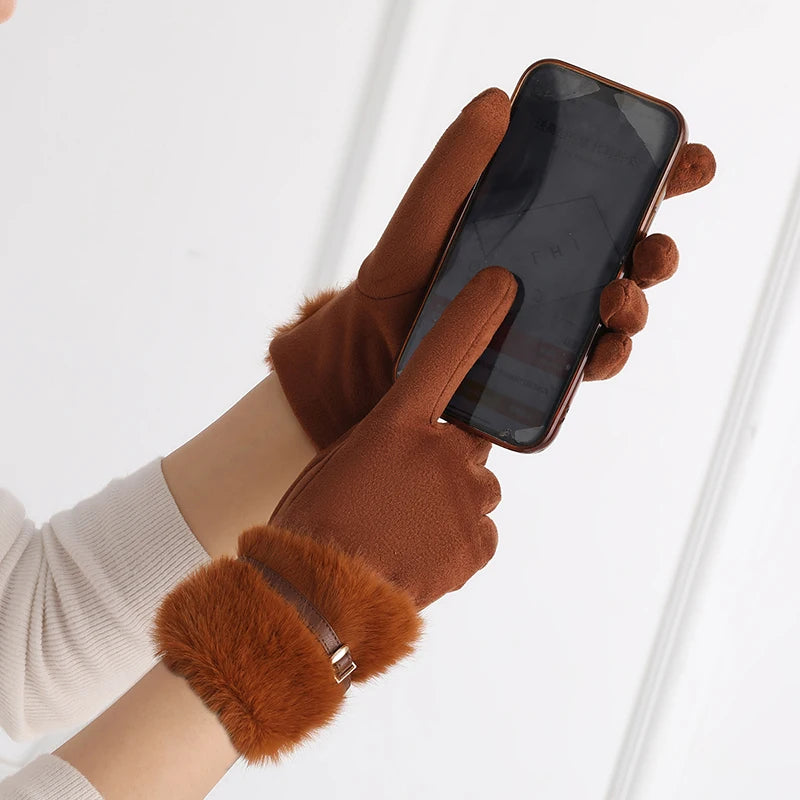 Damen Warme Fleecegefütterte Winterhandschuhe – Winddichte Touchscreen-Handschuhe mit Plüsch-Dekoration für Autofahren & Radfahren