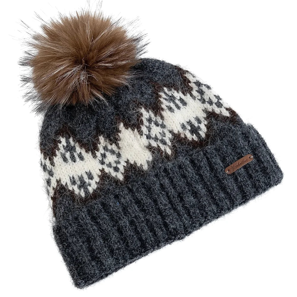 Damen Fair-Isle Jacquard Winter-Strickmütze – Lockere Beanie mit Kunstfell-Bommeln