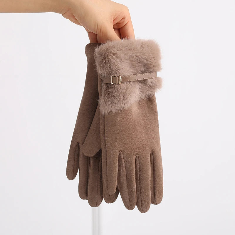 Damen Warme Fleecegefütterte Winterhandschuhe – Winddichte Touchscreen-Handschuhe mit Plüsch-Dekoration für Autofahren & Radfahren