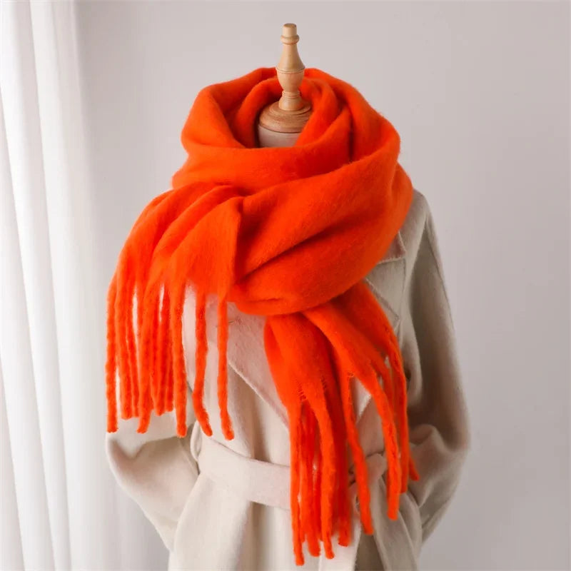 Damen Dicker Winterschal – Weicher Langer Schal, Einfarbige Stola mit Quasten & Poncho-Stil