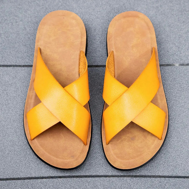 Italienische Leder Slip On Sommer Hausschuhe für Herren Leichte Strand Hotel Flip Flops