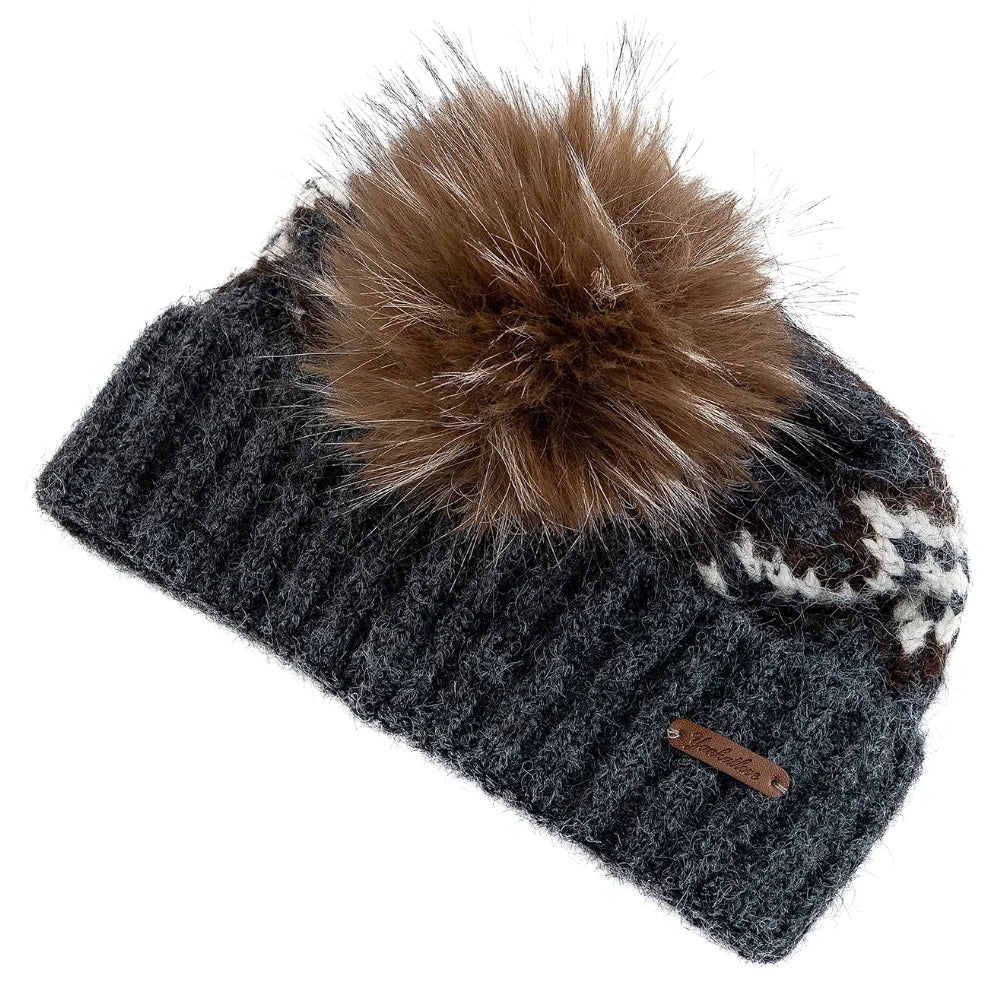 Damen Fair-Isle Jacquard Winter-Strickmütze – Lockere Beanie mit Kunstfell-Bommeln