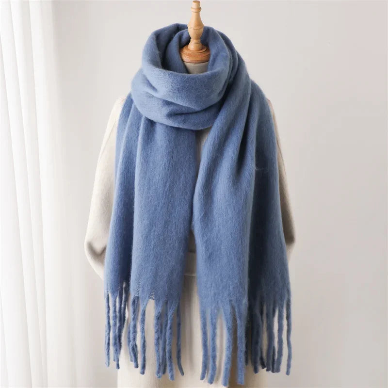 Damen Dicker Winterschal – Weicher Langer Schal, Einfarbige Stola mit Quasten & Poncho-Stil