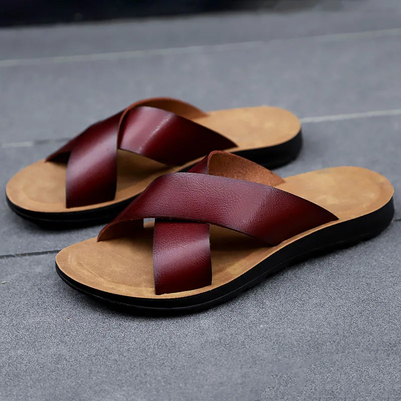 Italienische Leder Slip On Sommer Hausschuhe für Herren Leichte Strand Hotel Flip Flops