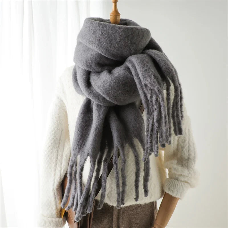 Damen Dicker Winterschal – Weicher Langer Schal, Einfarbige Stola mit Quasten & Poncho-Stil